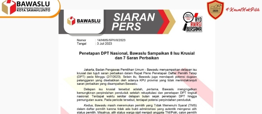 Pasca Ditetapkannya DPT secara Nasional, Bawaslu Rilis 8 isi krusial dan 7 Saran Perbaikan